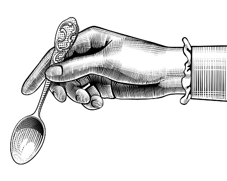 Woman's hand with a spoon. Vintage stylized drawing. Vector illustration