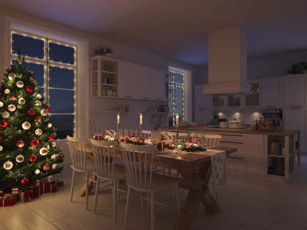 istock nordic kitchen with christmas decoration by night. 3d rendering 887281386