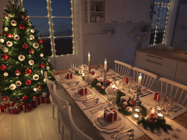 istock nordic kitchen with christmas decoration by night. 3d rendering 887281454