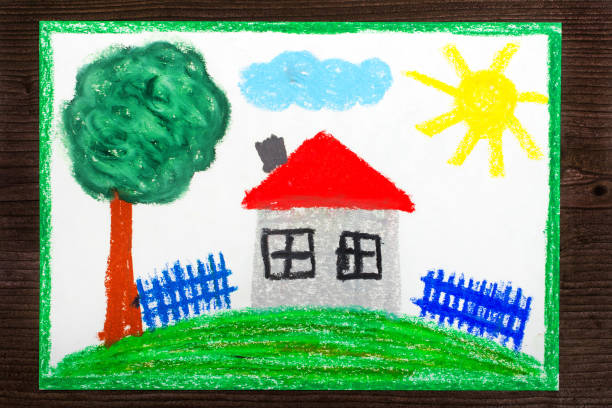 Colorful drawing: House with red roof on the hill
