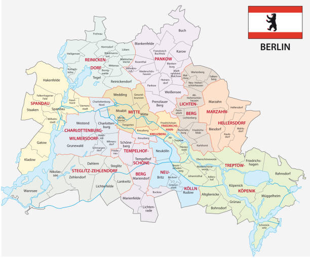 ilustrações de stock, clip art, desenhos animados e ícones de berlin administrative and political map with flag - berlin