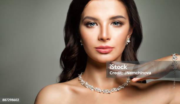 Beautiful Female Face Young Woman With Perfect Diamond Jewelry Stock Photo - Download Image Now