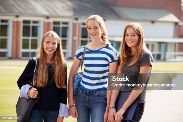 Gruppe Der Teenager Studentinnen Herumlaufen Collegecampus Stockfoto und mehr Bilder von Bildung