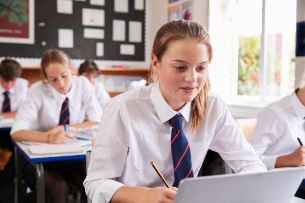 istock Female Pupil Wearing Uniform Using Laptop In Classroom 887303260