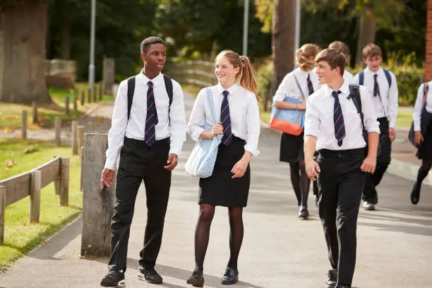 Photo of Group Of Teenage Students In Uniform Outside School Buildings