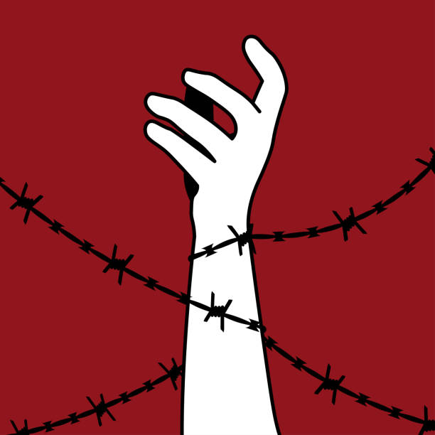 Barbed wire holds man. International Day for the Abolition of Slavery. The hand is wrapped in barbed wire. Vector silhouette. Barbed wire holds man. child arrest stock illustrations