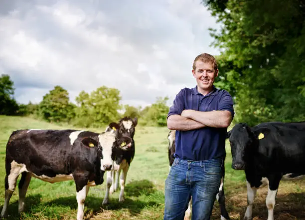 Portrait of a male farmer standing with his arms folded on his dairy farm