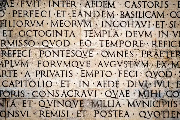 Photo of Latin inscription on the outside wall of Ara Pacis wall in Rome, Italy