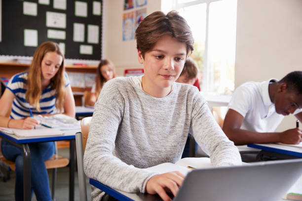 istock Male Pupil Sitting At Desk In Class Room Using Laptop 887312400