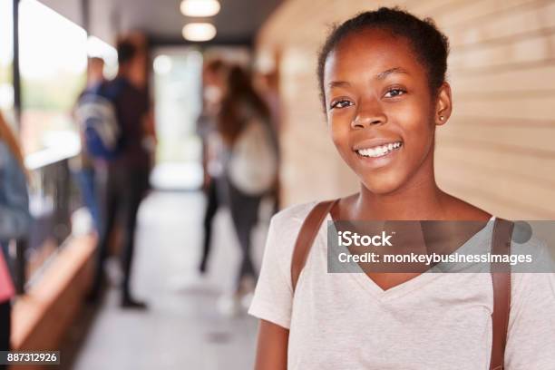 Foto de Retrato De Adolescente Estudante Na Faculdade Com Amigos e mais fotos de stock de 14-15 Anos