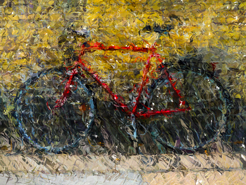 A digitally generated illustration of a Red bike against wall