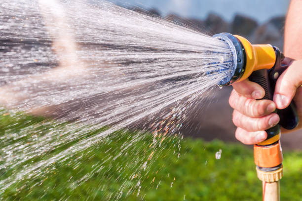 watering the grass with hose stock photo