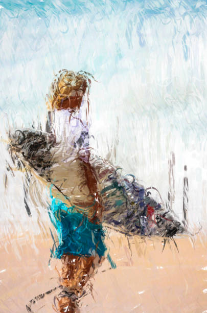 istock Young surfer on beach walking - Digital Illustration 887318086