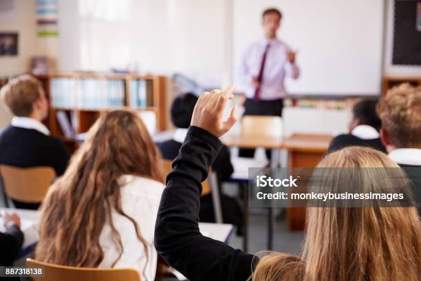 Female Student Raising Hand To Ask Question In Classroom Stock Photo - Download Image Now