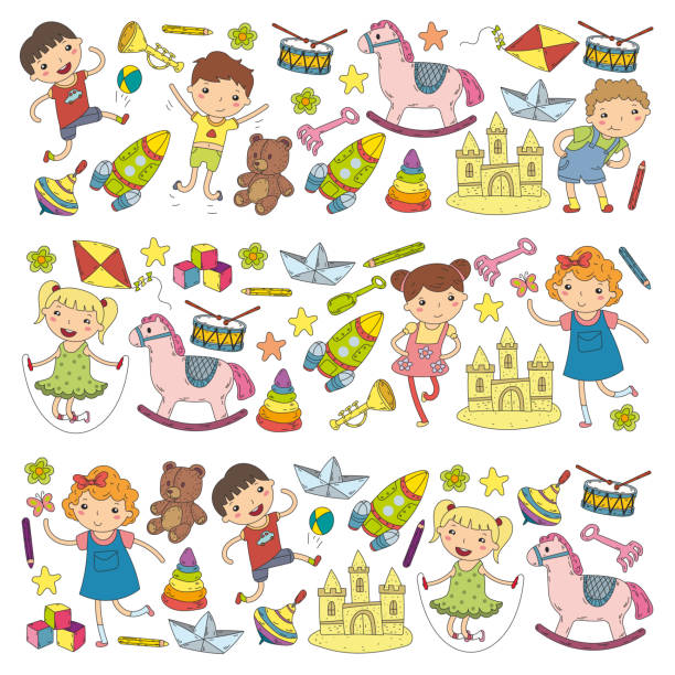 Kindergarten Nursery Preschool School education with children Doodle pattern Kids play and study Boys and girls kids drawing icons Space, adventure, exploration, imagination concept Kindergarten Nursery Preschool School education with children Doodle patterns Kids play and study Boys and girls kids drawing icons Space, adventure, exploration, imagination concept drawing of the 8 year old stock illustrations