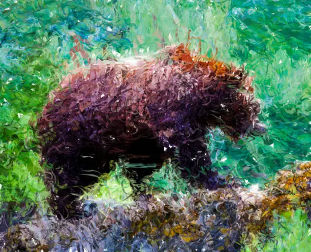Photo of Brown grizzly bear in woods walking on tree - Digital Illustration