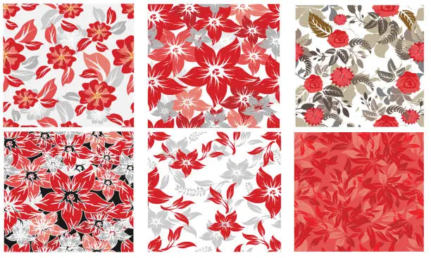 Vector illustration of sett seamless flowers pattern