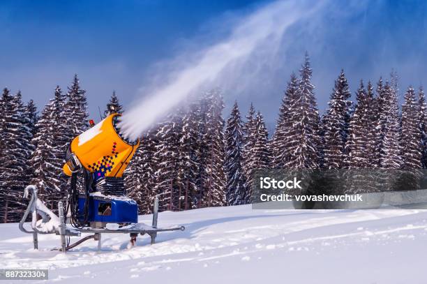 Snow Gun Makes Snow Stock Photo - Download Image Now - Activity, Artificial, Blue