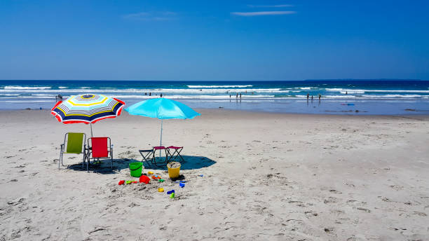 istock Two beach umbrellas and toys at the beach 887330748
