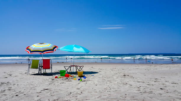 istock Beach umbrellas, toys and chairs at the beach 887333612