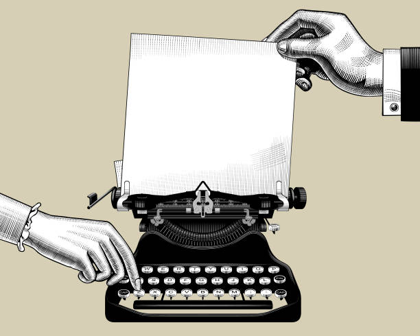 illustrazioni stock, clip art, cartoni animati e icone di tendenza di mani dell'uomo e della donna con vecchia macchina da scrivere - typewriter