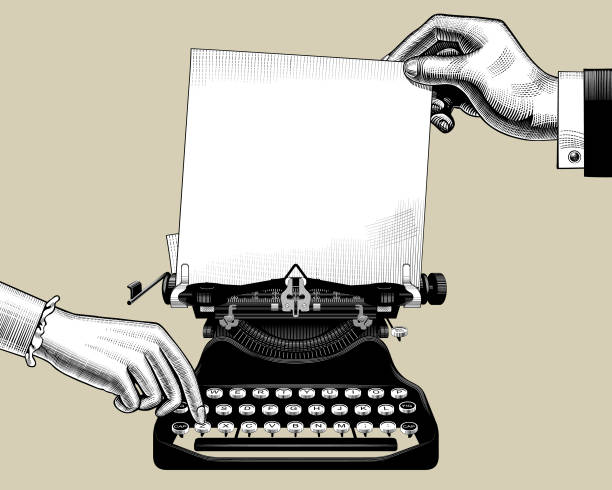 ilustrações, clipart, desenhos animados e ícones de mãos de homem e mulher com a velha máquina de escrever - typewriter retro revival old writing