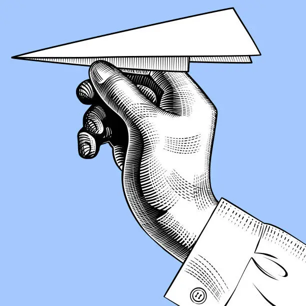 Vector illustration of Hand with a paper plane.