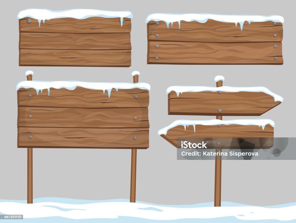 Vektor-Cartoon-Satz der leere Holzschilder, bedeckt mit Schnee und Eis auf grauem Hintergrund isoliert - Lizenzfrei Schild Vektorgrafik