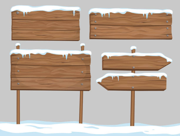 ilustrações, clipart, desenhos animados e ícones de conjunto de desenhos animados vetor de sinais de madeira em branco, cobertos de neve e gelo, isolado no fundo cinza - post sign