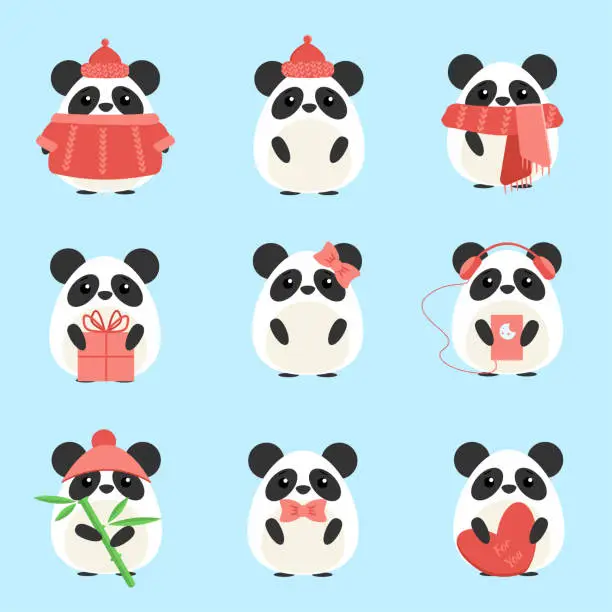 Vector illustration of Vector set pandas in warm clothes with different subjects: bamboo, hat, scarf, gift, heart, bow. Cartoon cute illustration