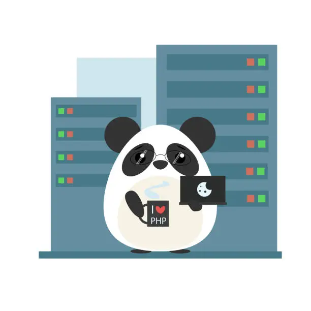 Vector illustration of Anthropomorphic panda - programmer standing with computer and coffee in server room. Cute vector illustration