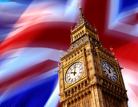 Patriotic Symbols - Big Ben clock tower, London and the British flag.