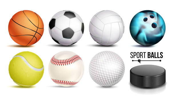 스포츠 공 벡터를 설정합니다. 3d 현실. 흰색 배경 그림에 고립 된 인기 스포츠 볼 - sports equipment illustrations stock illustrations