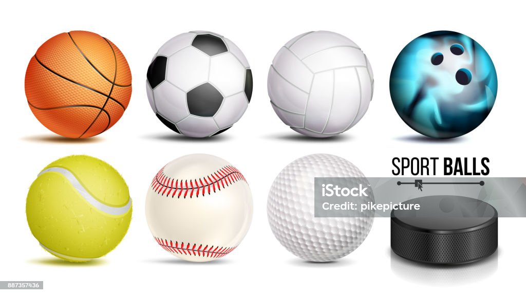 Sport Ball Set Vector. 3D Realistic. Popular Sports Balls Isolated On White Background Illustration Sport Balls Vector. Set Of Soccer, Basketball, Bowling, Tennis, Golf, Volleyball, Baseball Balls Hockey Puck Isolated Illustration Sports Ball stock vector