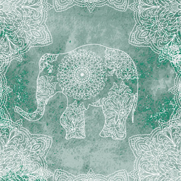 слон мандала на фоне акварели - backgrounds elephant illustration and painting india stock illustrations