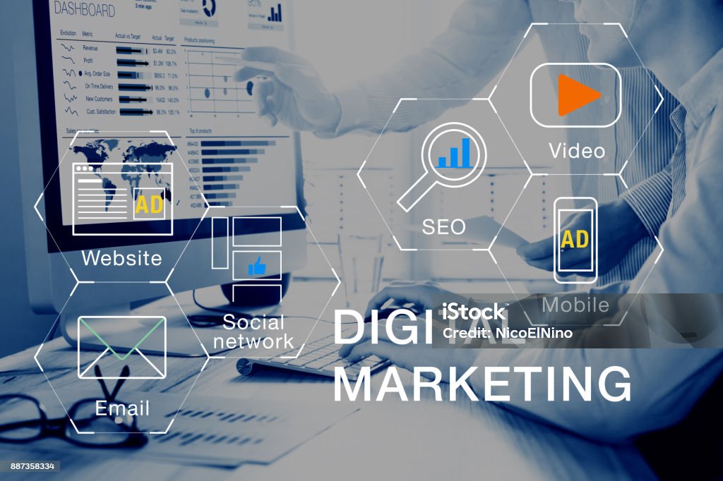 Digital marketing media (website, email, video), team analyzing PPC ROI Concept of digital marketing media (website ad, email, social network, SEO, video, mobile app) with icon, and team analyzing return on investment (ROI) and Pay Per Click (PPC) dashboard in background Digital Marketing Stock Photo