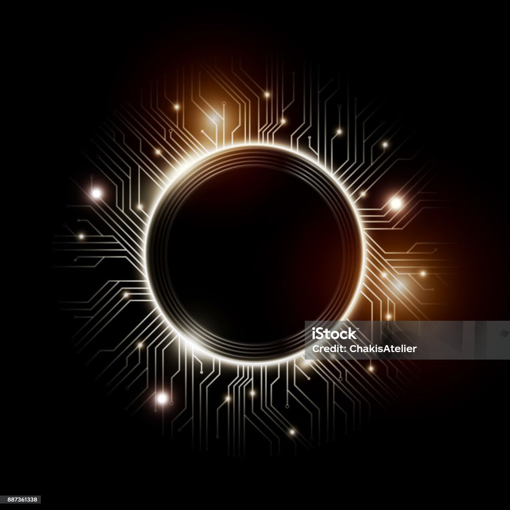 Microchip, CPU. Information technology elements, circuit boards circle, vector illustration Microchip designs, CPU. Information communication technology elements with sparkles, blue luminescent circuit boards in the shape of circle, vector illustration Circle stock vector