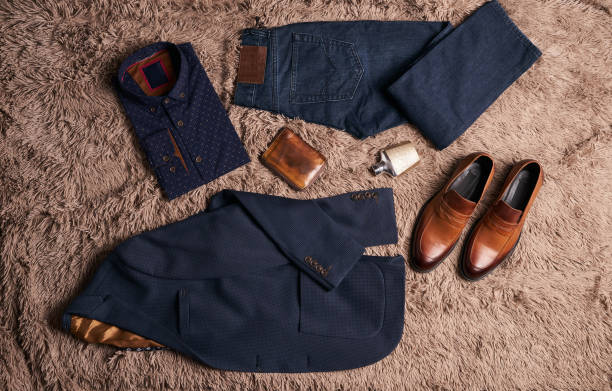 istock Set of men's clothes such as dark suit jacket 887361848