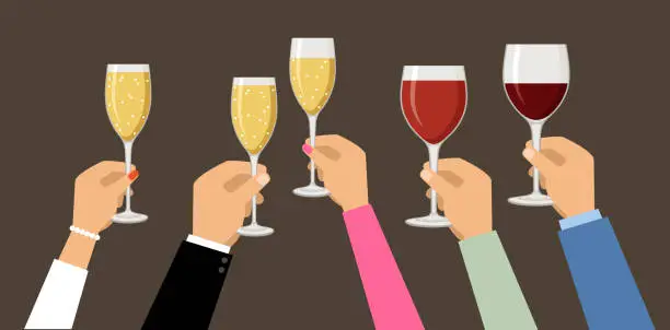 Vector illustration of Hands holding champagne and wine glasses,  celebrating