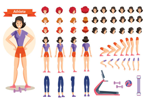 Set of vector cartoon illustrations for creating a character, businessman. Set for creating character woman athlete, vector cartoon illustrations. Faces, front, side and back view, emotions,arms and legs in different positions, clothes and dumbbells for weight training sport set competition round stock illustrations