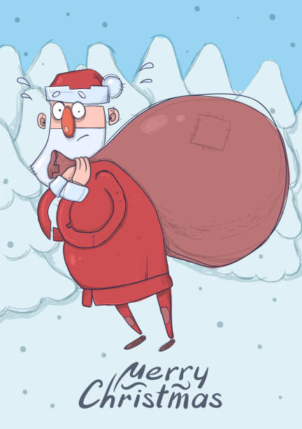 Christmas card of funny confused Santa Claus with big bag of gifts in snowy spruce forest. Santa looks lost and embarrassed. Vertical vector illustration. Cartoon character. Lettering. Copy space. Christmas card of funny confused Santa Claus with big bag of gifts in snowy spruce forest. Santa looks lost, embarrassed. Vertical vector illustration. Cartoon character. Lettering. Copy space. lost in space stock illustrations