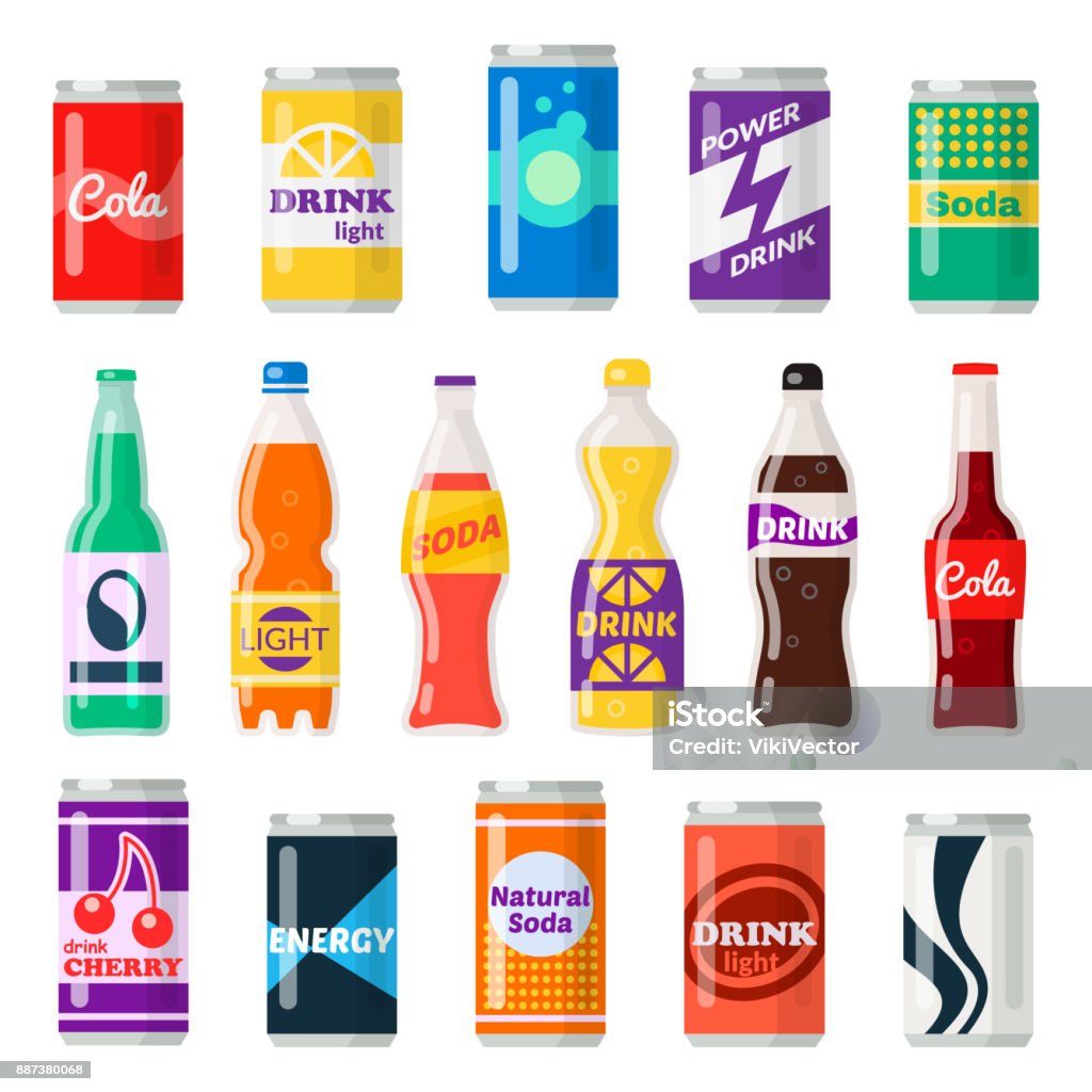 Soft drinks bottles Soft drinks bottles. Bottled beverage, vitamin juice, sparkling or natural water in cans, glass and plastic bottles. Vector flat style cartoon illustration isolated on white background Drink stock vector