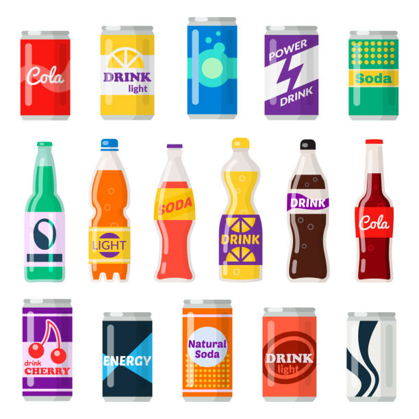 Soft drinks bottles Soft drinks bottles. Bottled beverage, vitamin juice, sparkling or natural water in cans, glass and plastic bottles. Vector flat style cartoon illustration isolated on white background soda pop stock illustrations