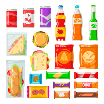 Vending machine products. Tasty snacks, beverages, drinks from automated machine. Vector flat style cartoon illustration isolated on white background