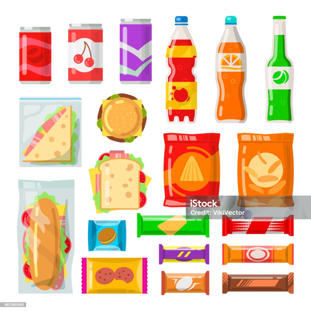 Vending machine products Vending machine products. Tasty snacks, beverages, drinks from automated machine. Vector flat style cartoon illustration isolated on white background Snack stock vector
