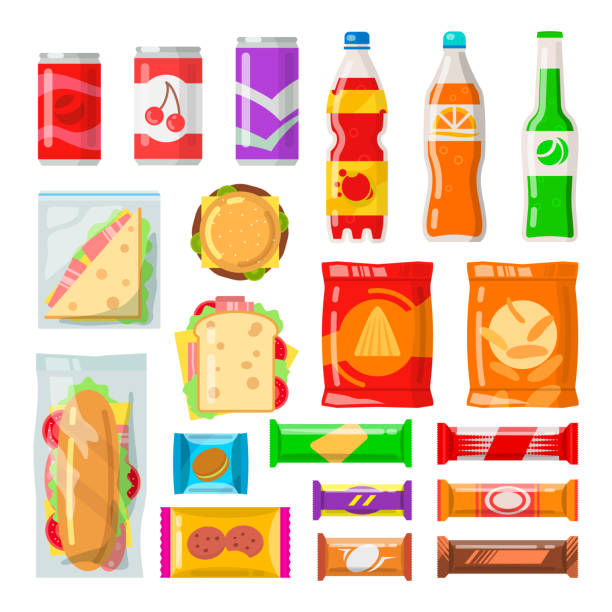 Vending machine products Vending machine products. Tasty snacks, beverages, drinks from automated machine. Vector flat style cartoon illustration isolated on white background packaging illustrations stock illustrations