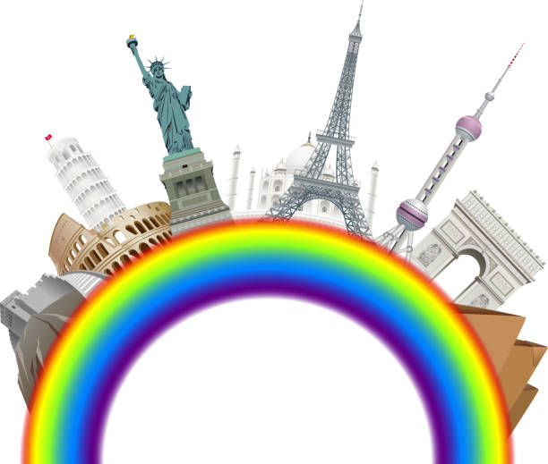 Famous places on rainbow High resolution jpeg included. round the world travel stock illustrations