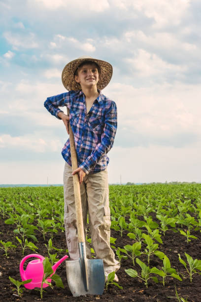istock Happy small farmer with spade in spring field 887390432