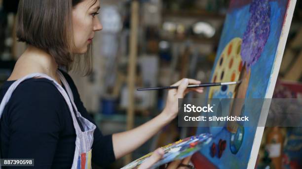 Young Artist Woman Painting Still Life Picture On Canvas In Artschool Stock Photo - Download Image Now