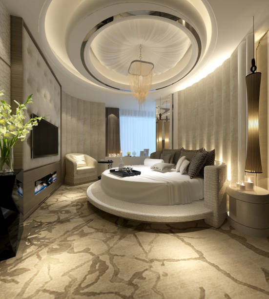 豪華なベッドルームの 3 d レンダリング - bedroom authority bed contemporary ストックフォトと画像